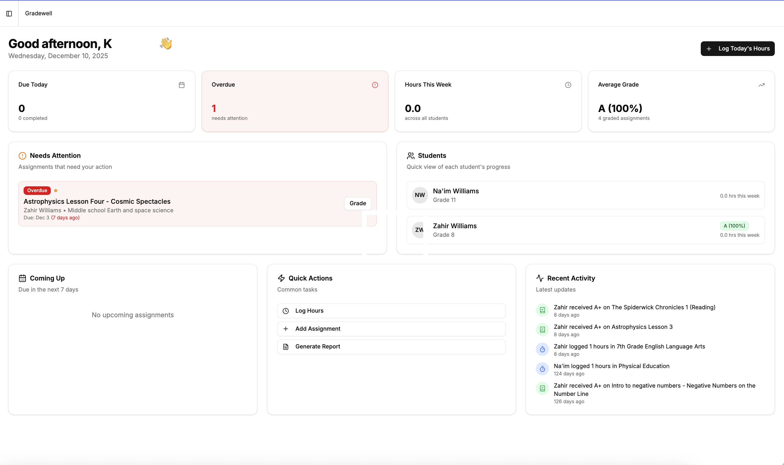 Clean dashboard interface showing organized overview of homeschool activities