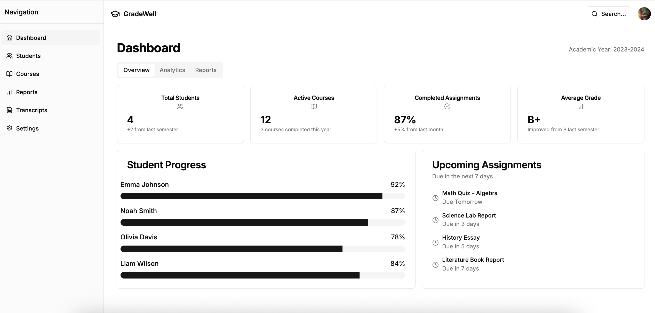 Dashboard preview showing student progress, course statistics, and upcoming assignments